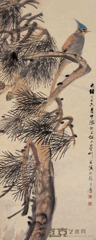 倪田 乙巳（1915年）作 青松绶带 立轴 98×39.5cm